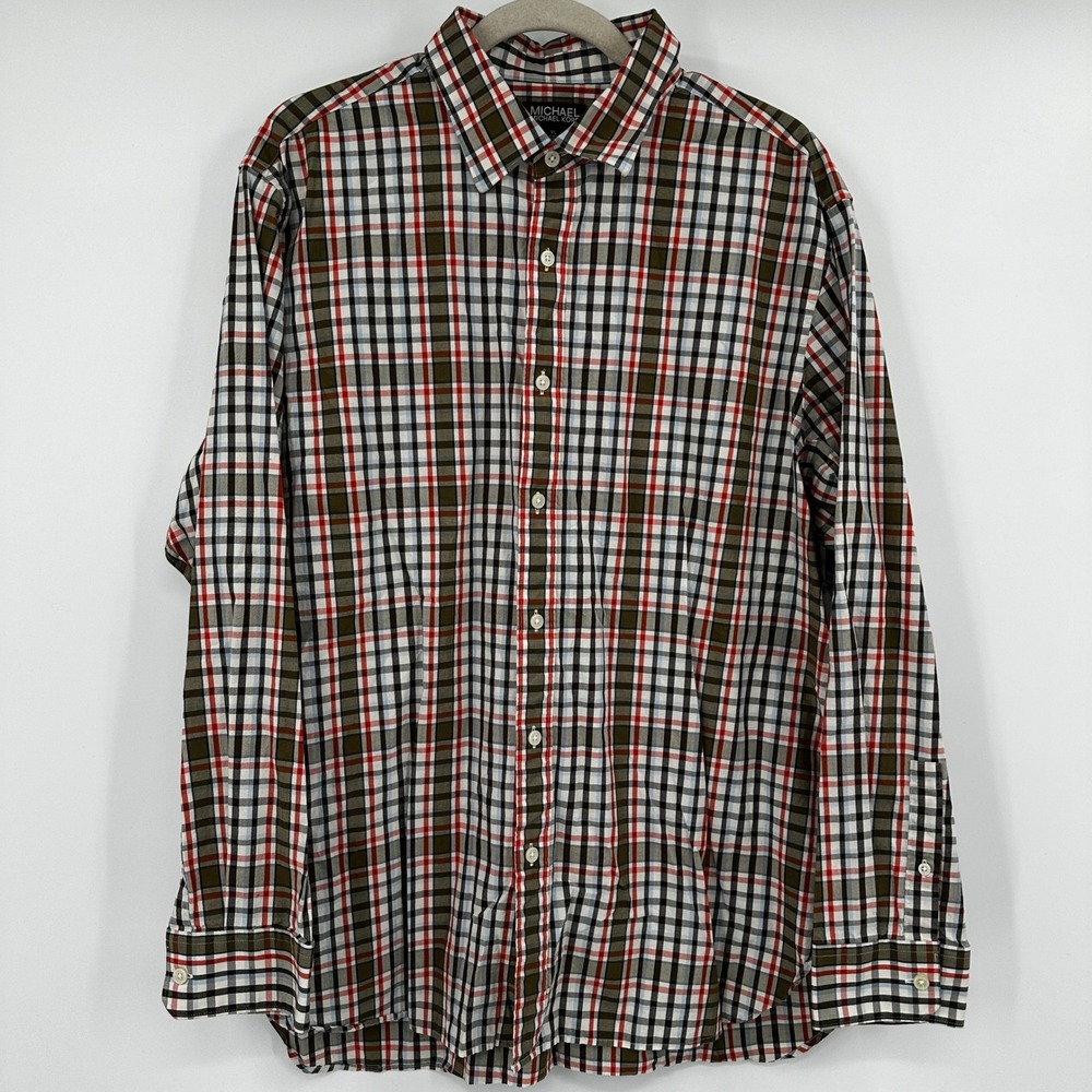 Michael Kors Mens XL Plaid Button Down Long Sleeve Shirt Red Green White